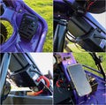 Collage of a purple cart with various components and accessories.
