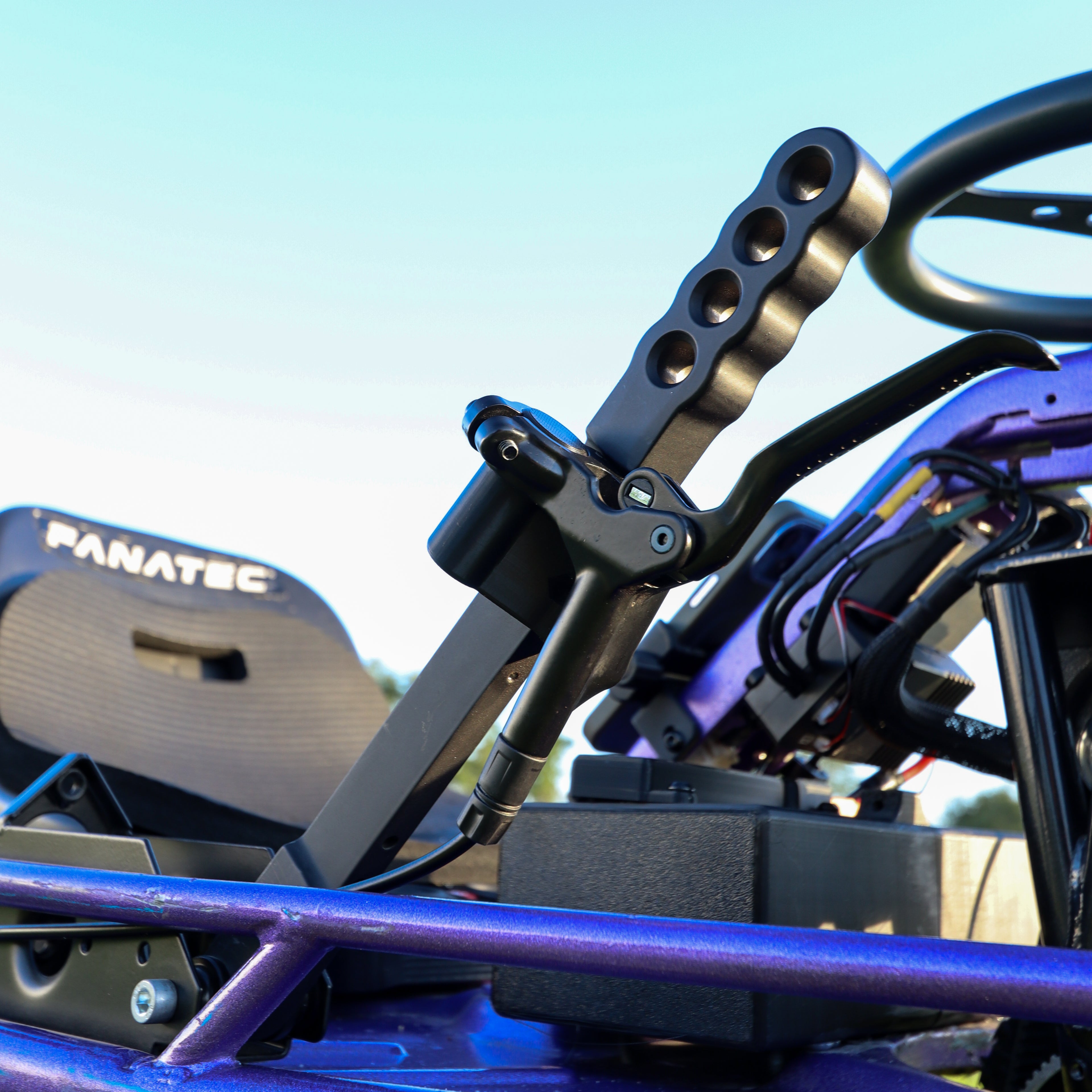 Close-up of the Manji Cart hand brake component installed on the crazy cart.