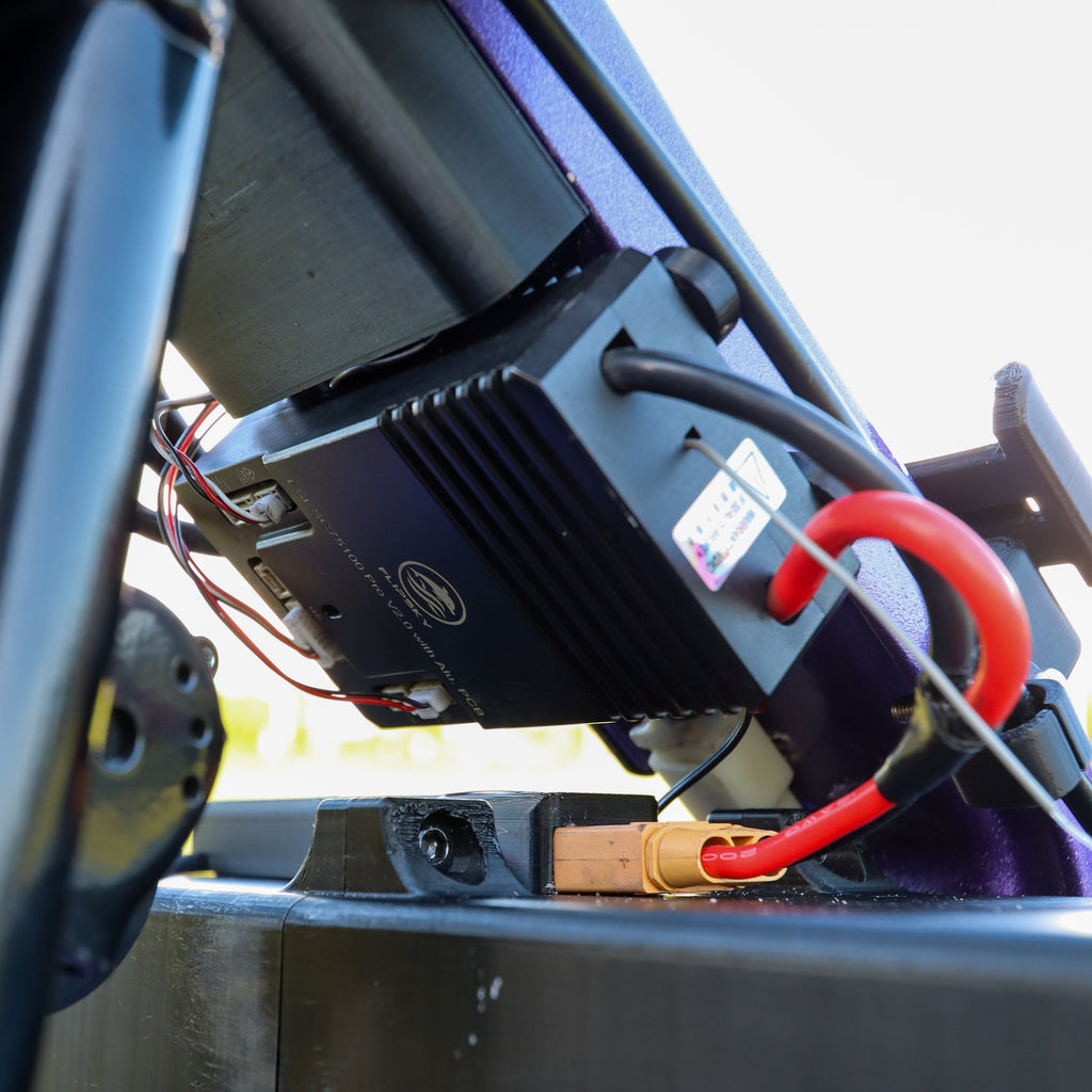 Close-up of Flipsky controller and battery connections mounted on crazy cart.