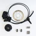 Complete brake kit parts for crazy cart. Includes caliper mount, rotor mount, hardware, brake rotor, wheel spacers, brake caliper and lever.